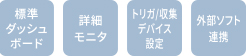 標準ダッシュボード、詳細モニタ、トリガ/収集デバイス設定、外部ソフト連携