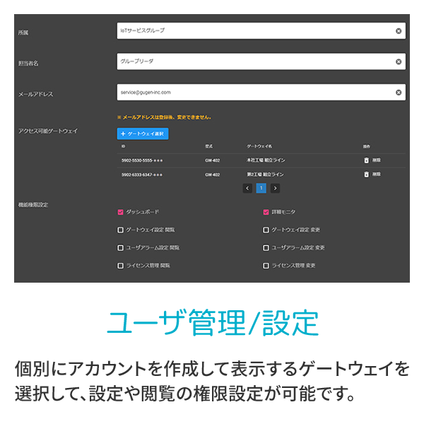 ユーザー管理/設定　個別にアカウントを作成して表示するゲートウェイを選択して、設定や閲覧の権限設定が可能です。